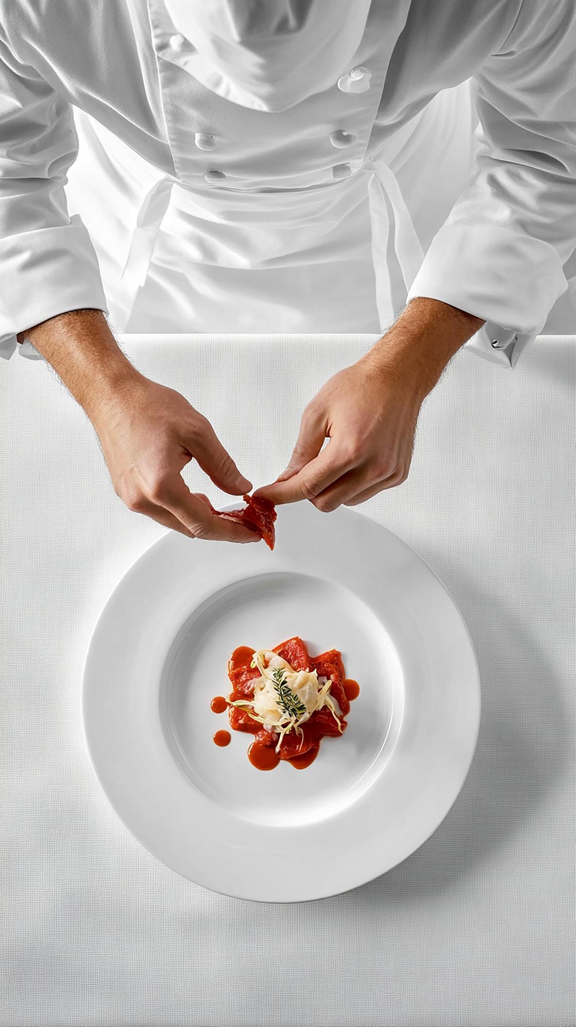 Chef elegante che impiatta un piatto gourmet